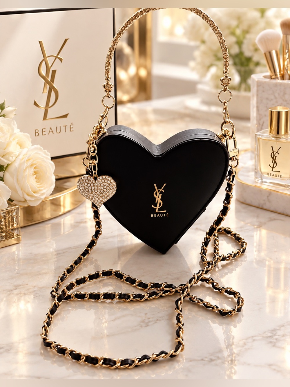 YSL Beauty Black Heart Crossbody Bag with Gold Chain